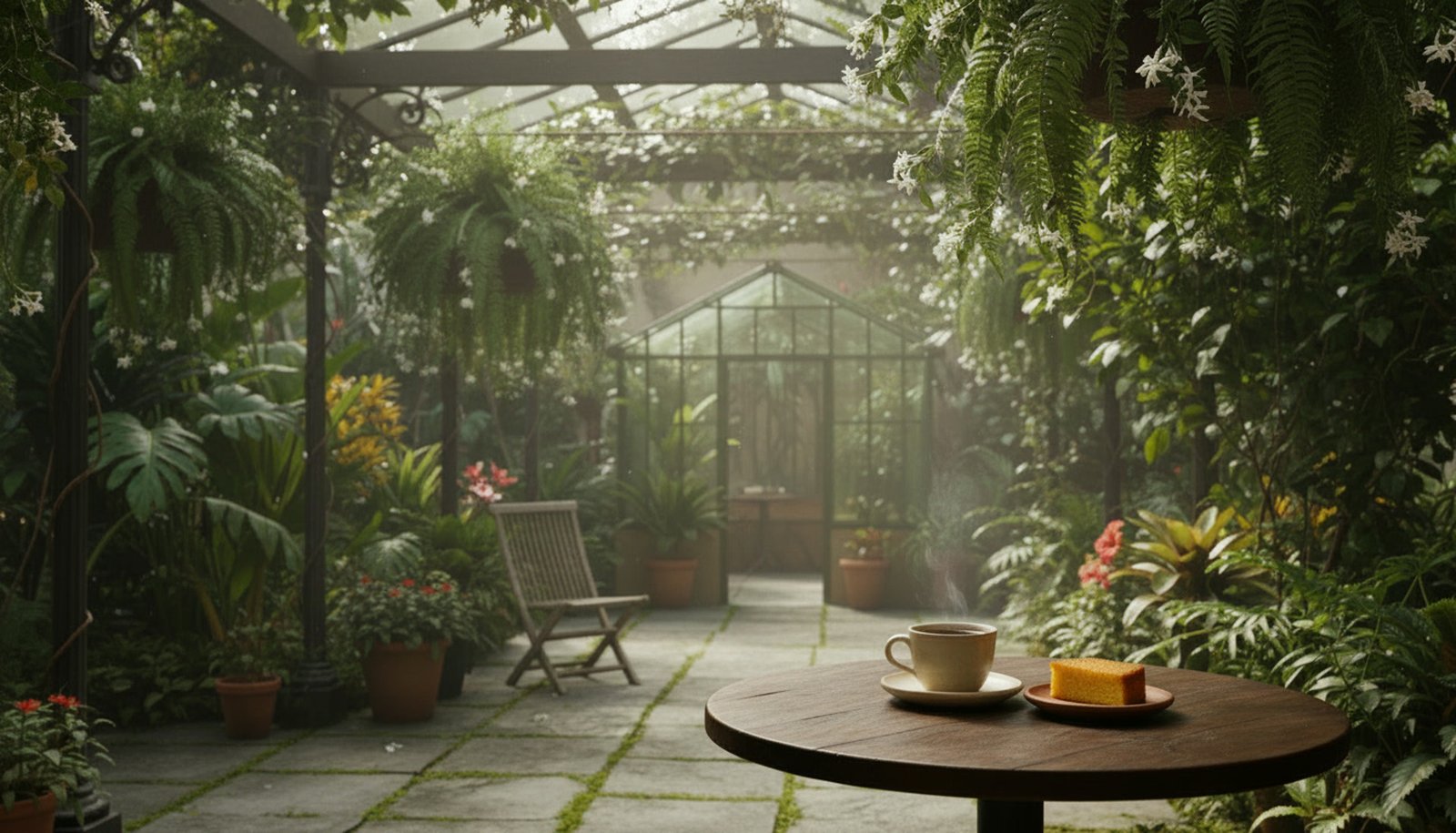Café na cerâmica e fatia de bolo de laranja sobre madeira