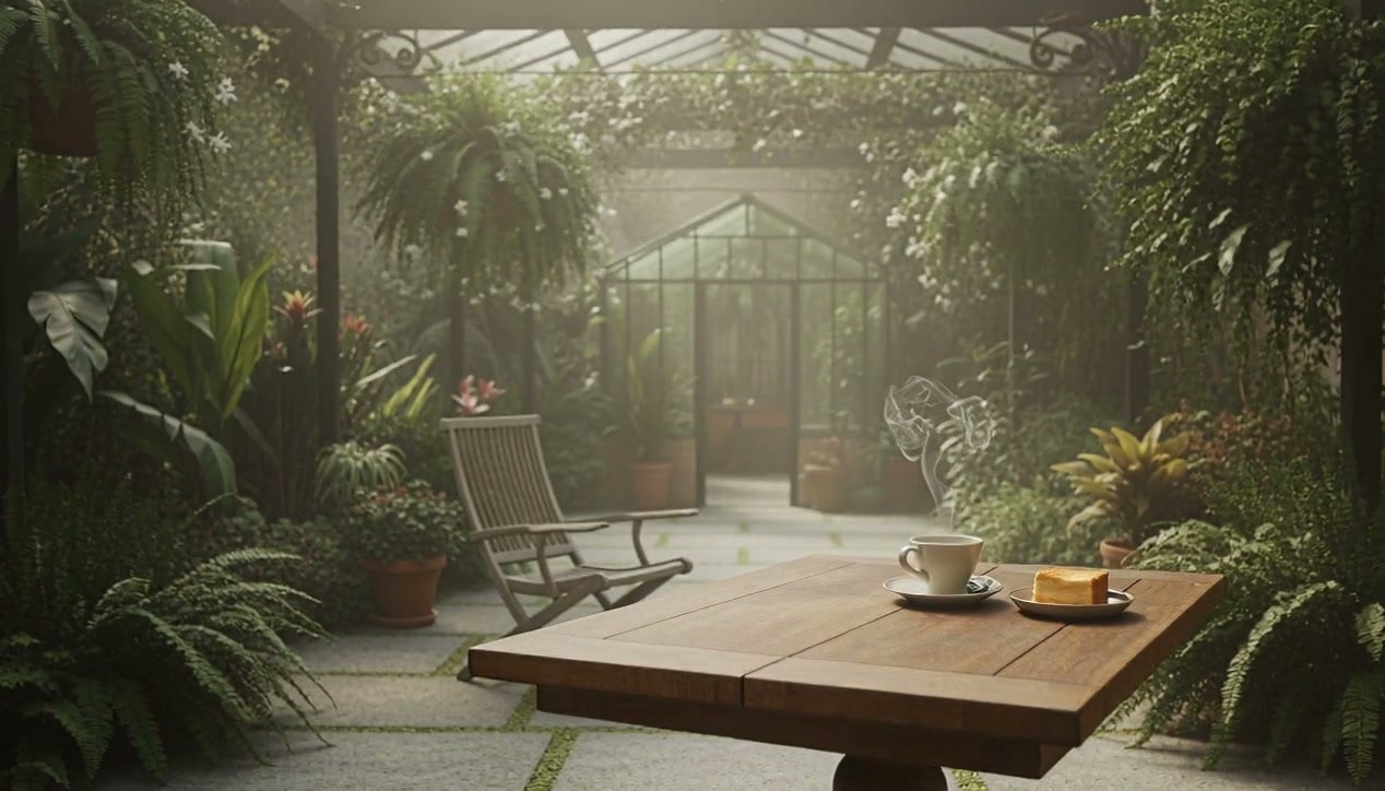 Mesa com café e bolo no jardim da Casa de Dentro