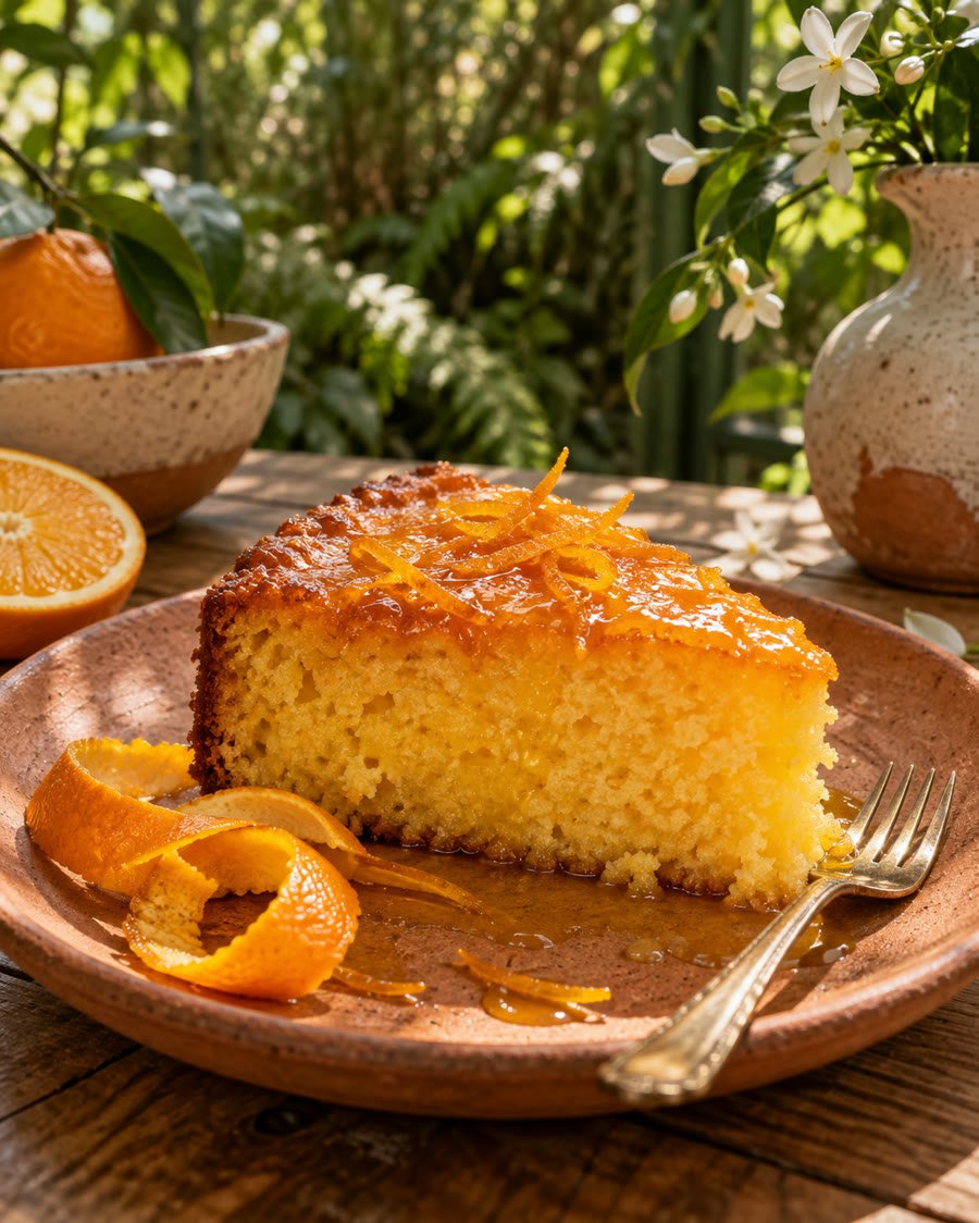 Fatia de bolo de laranja com calda sobre prato de terracota