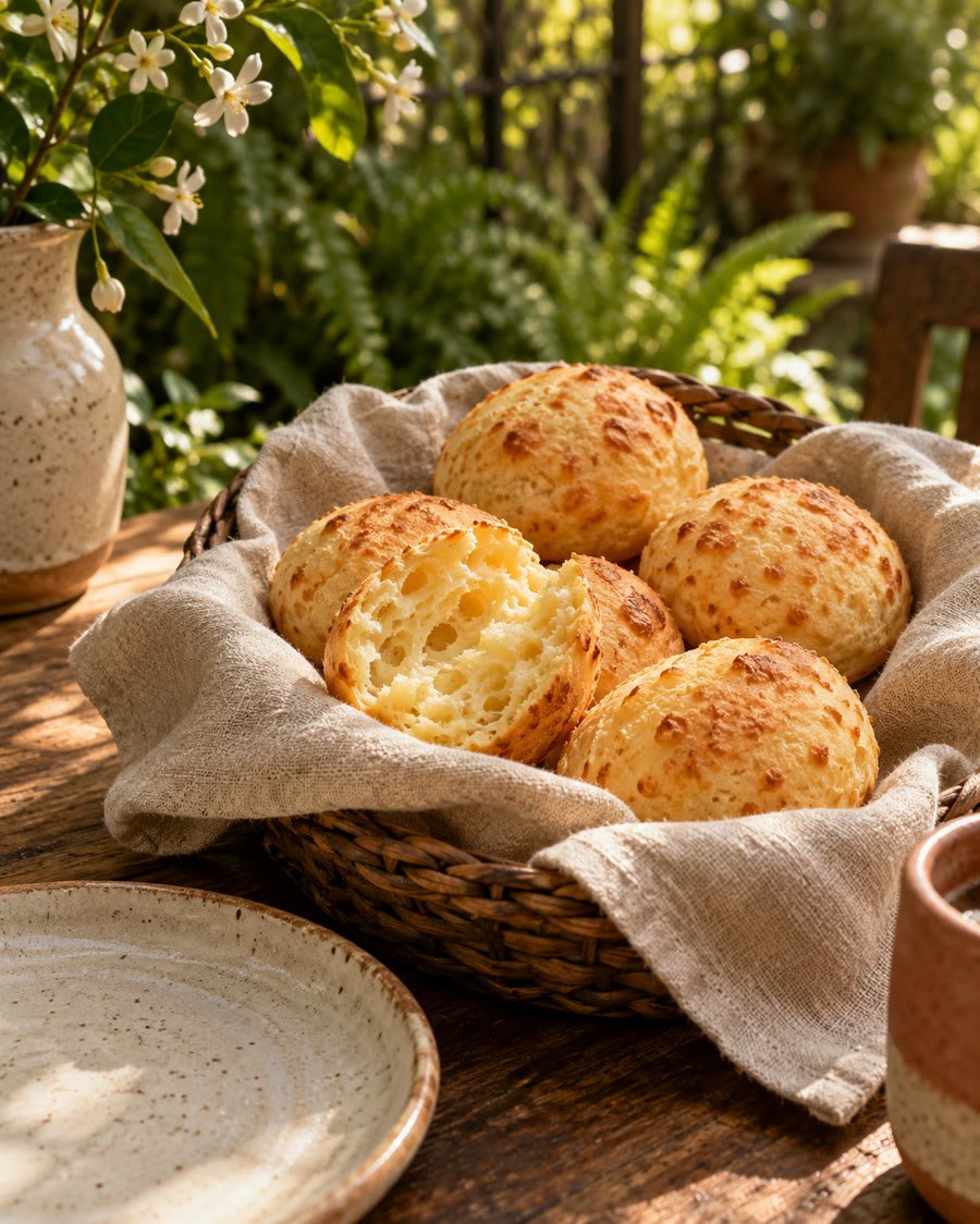 Cesta de pães de queijo dourados, com uma unidade aberta